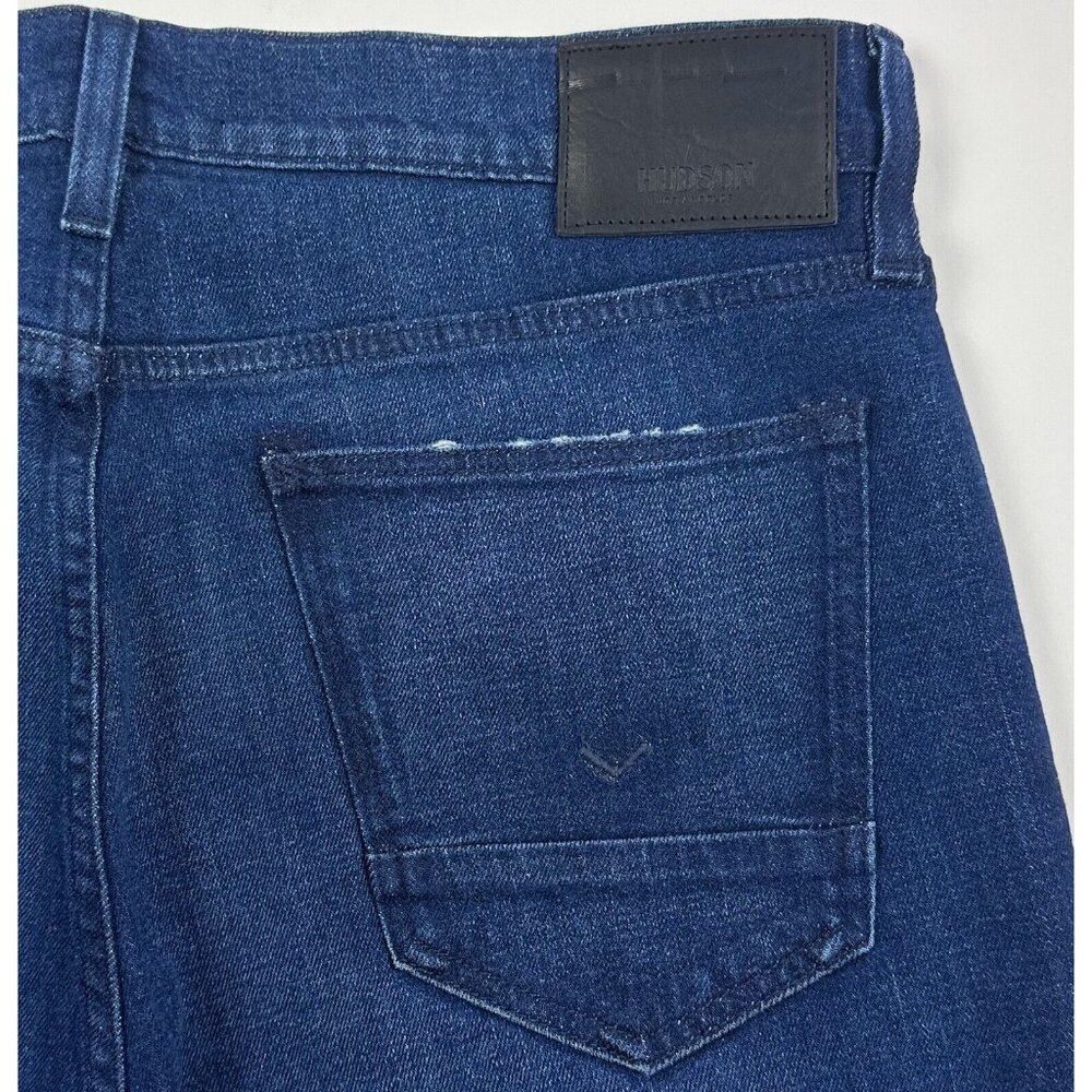 Hudson Zach Skinny Mens 34 Dark Blue Jeans Distressed Stretch Reinforced Knees - Picture 3 of 9